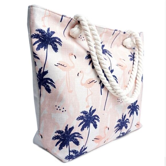 Sand Navy Palm Tree Flamingo Summer Zippered Tote Bag NWT - Picture 11 of 12
